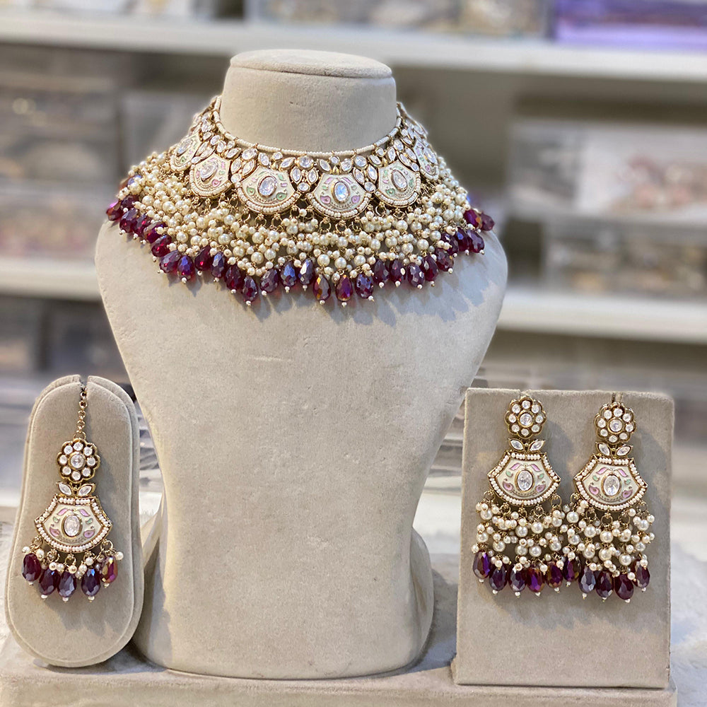 Hira Collection Gold Plated Kundan Stone And Beads Meenakari Choker Necklace Set