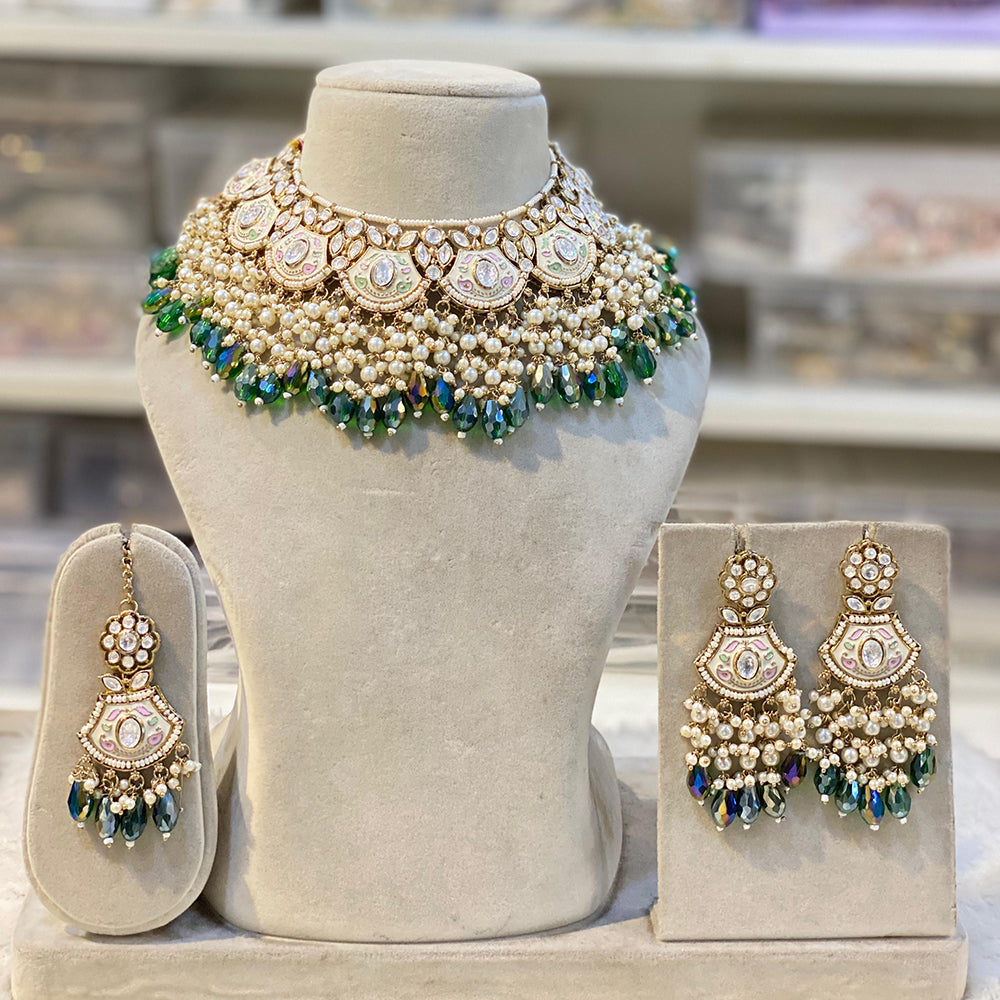 Hira Collection Gold Plated Kundan Stone And Beads Meenakari Choker Necklace Set