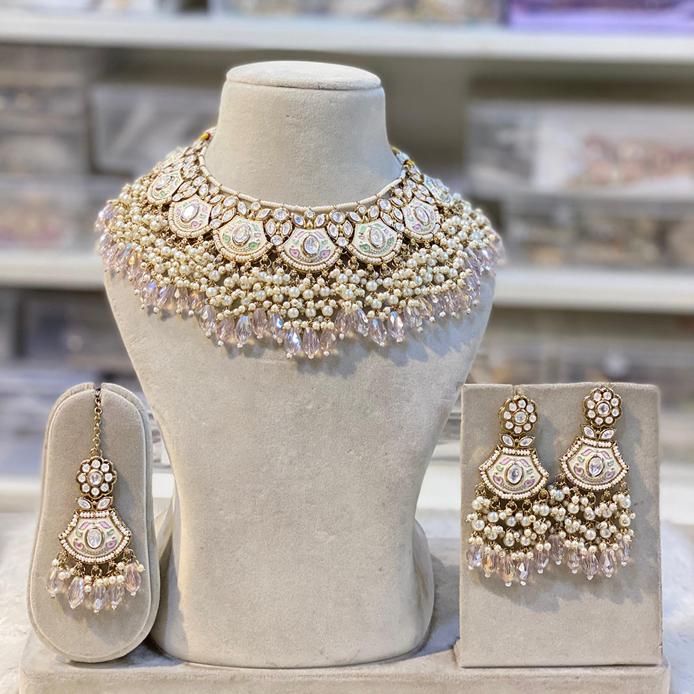 Hira Collection Gold Plated Kundan Stone And Beads Meenakari Choker Necklace Set