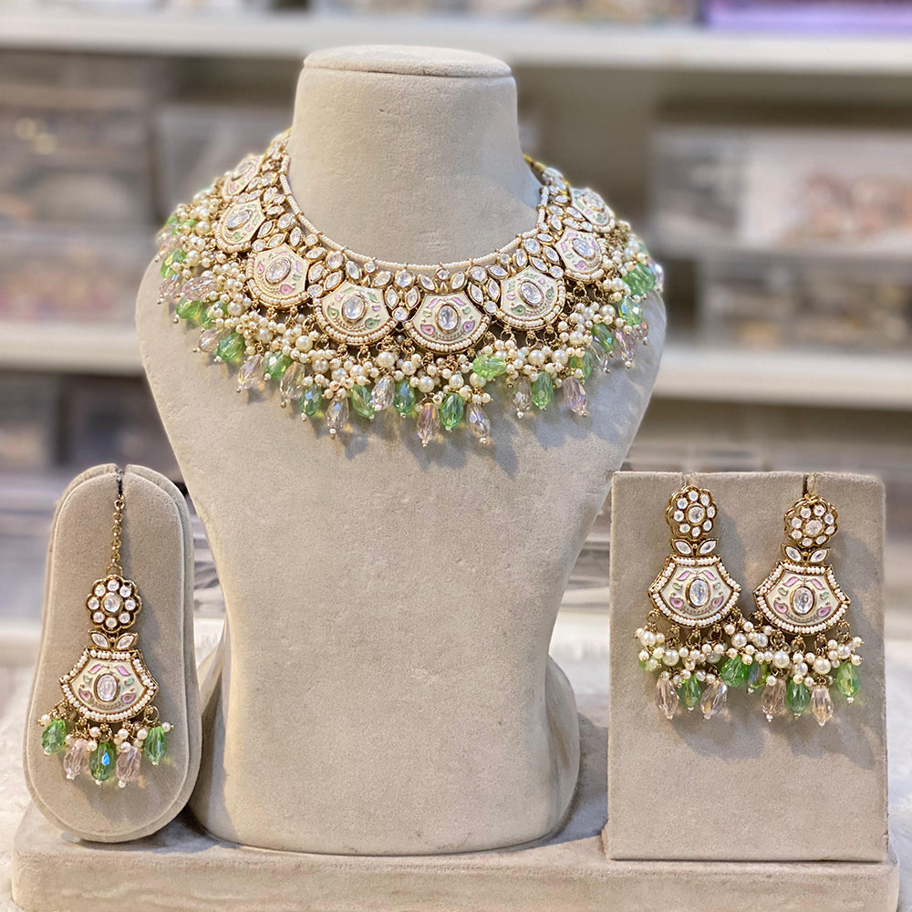 Hira Collection Gold Plated Kundan Stone And Beads Meenakari Choker Necklace Set