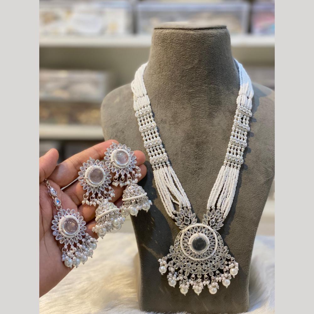 Hira Collections Silver Plated Crystal Stone And Pearls Beads Long Necklace Set