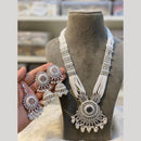 Hira Collections Silver Plated Crystal Stone And Pearls Beads Long Necklace Set