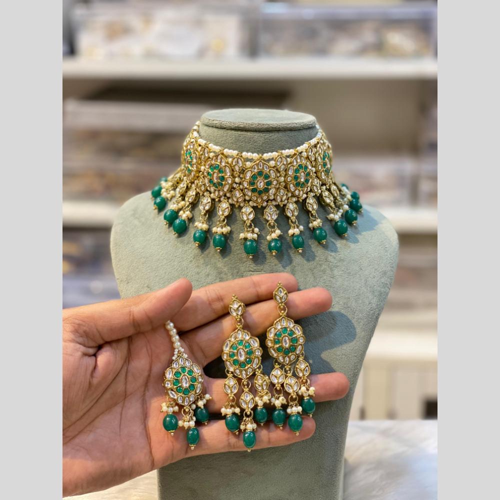Hira Collection Traditional Gold Plated Kundan & Beaded Choker Necklace Set