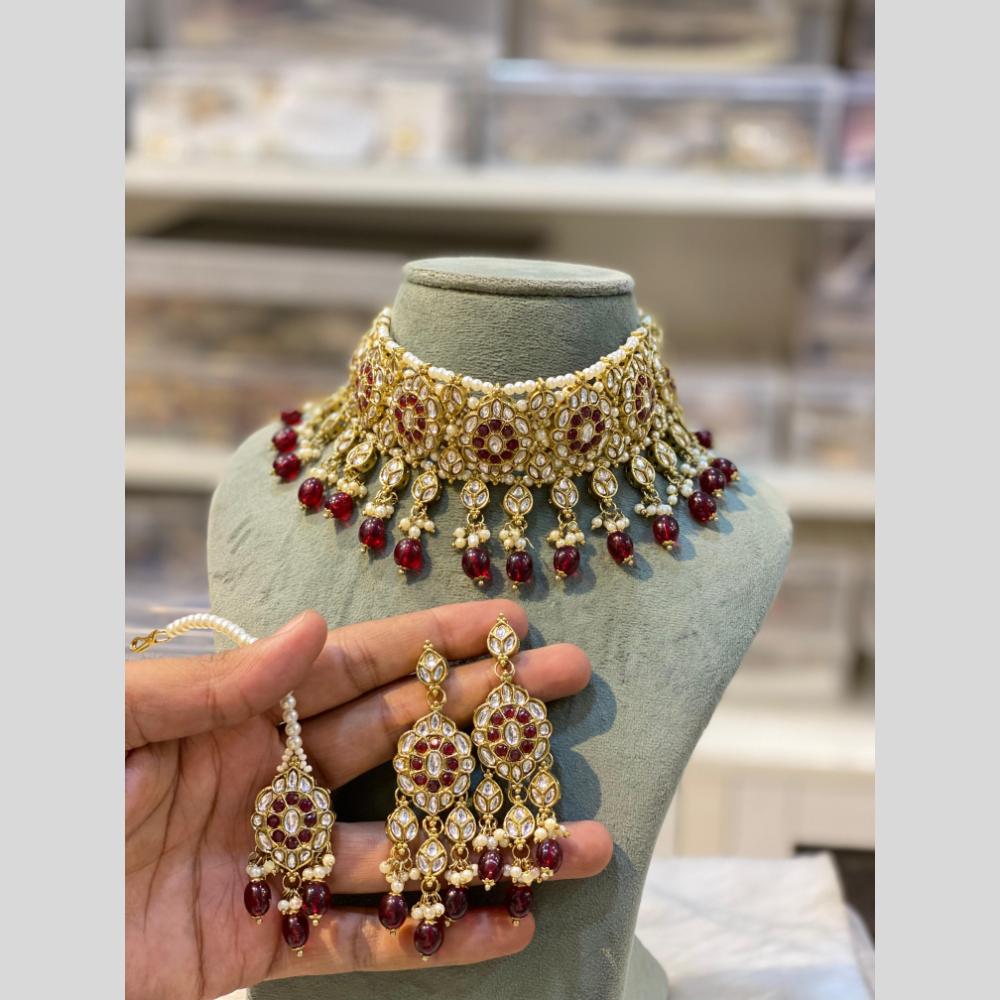 Hira Collection Traditional Gold Plated Kundan & Beaded Choker Necklace Set