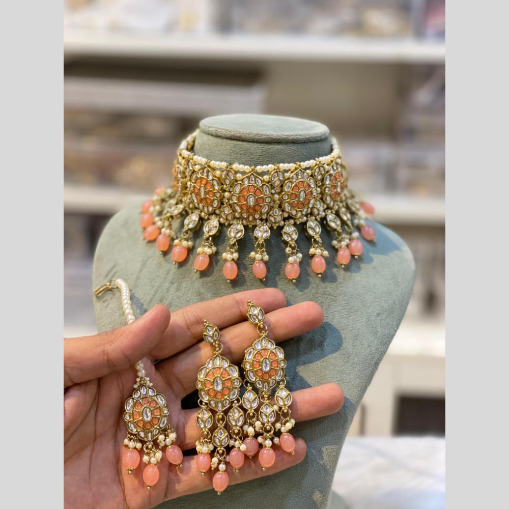 Hira Collection Traditional Gold Plated Kundan & Beaded Choker Necklace Set