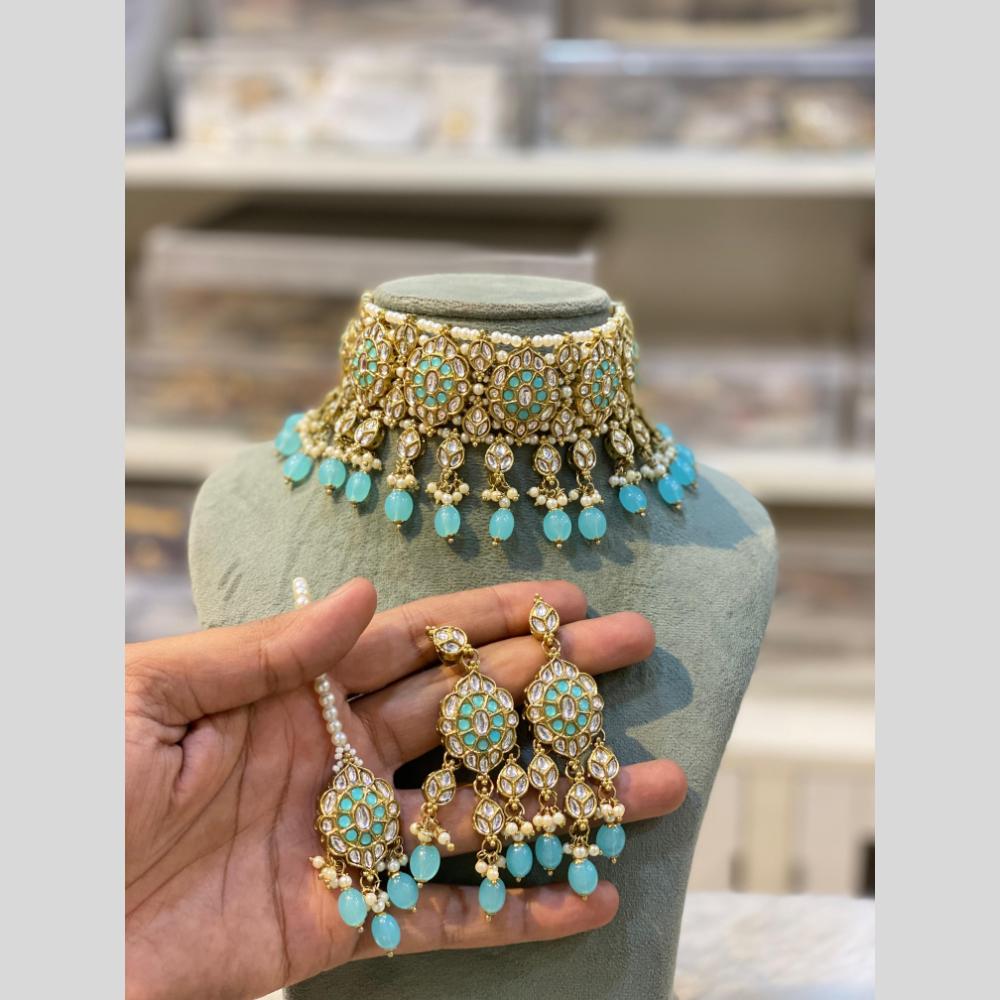 Hira Collection Traditional Gold Plated Kundan & Beaded Choker Necklace Set