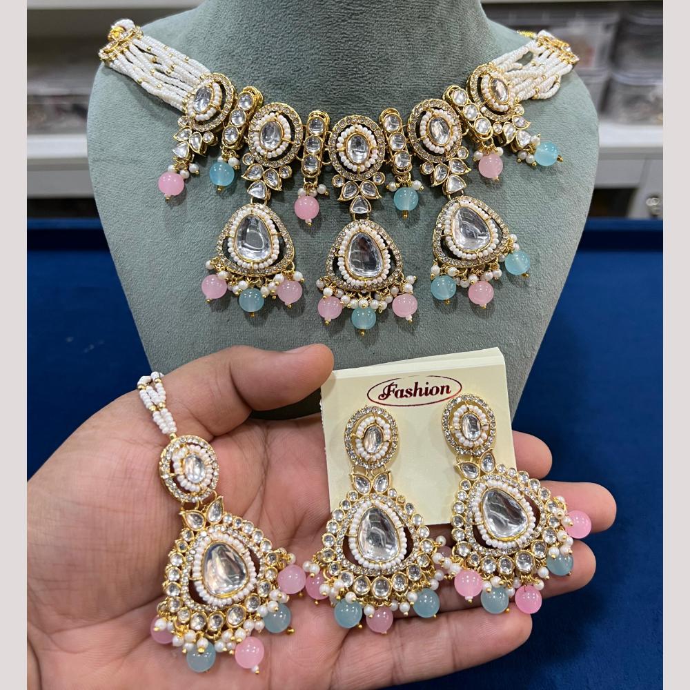Hira Collections Gold Plated Kundan Stone And Pearls Beads Necklace Set