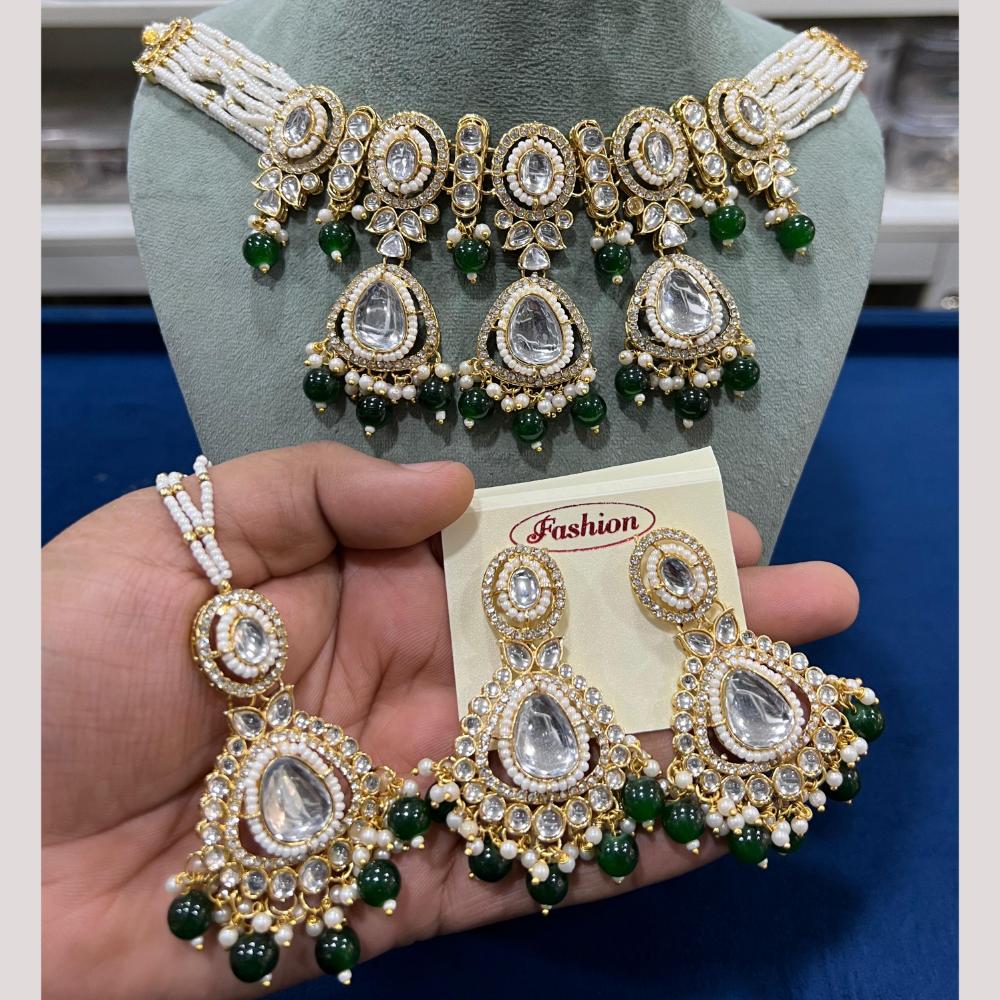 Hira Collections Gold Plated Kundan Stone And Pearls Beads Necklace Set
