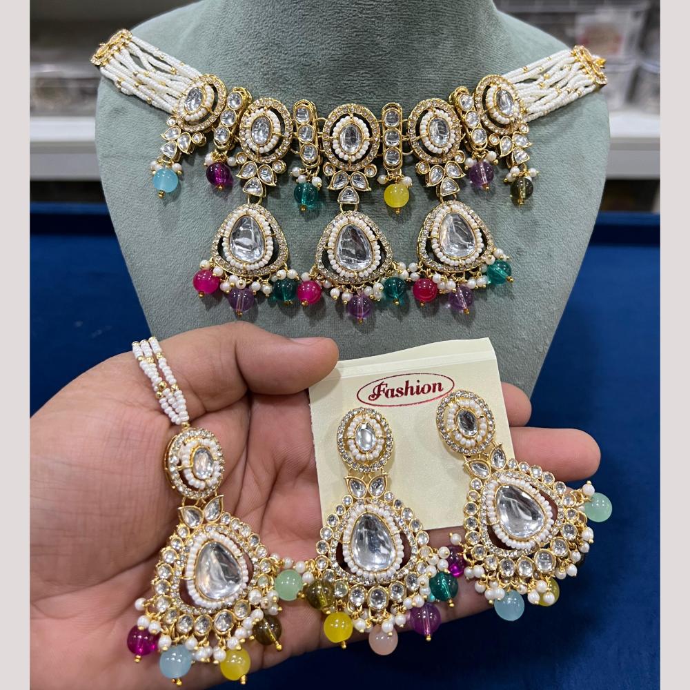 Hira Collections Gold Plated Kundan Stone And Pearls Beads Necklace Set