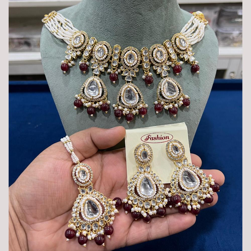 Hira Collections Gold Plated Kundan Stone And Pearls Beads Necklace Set