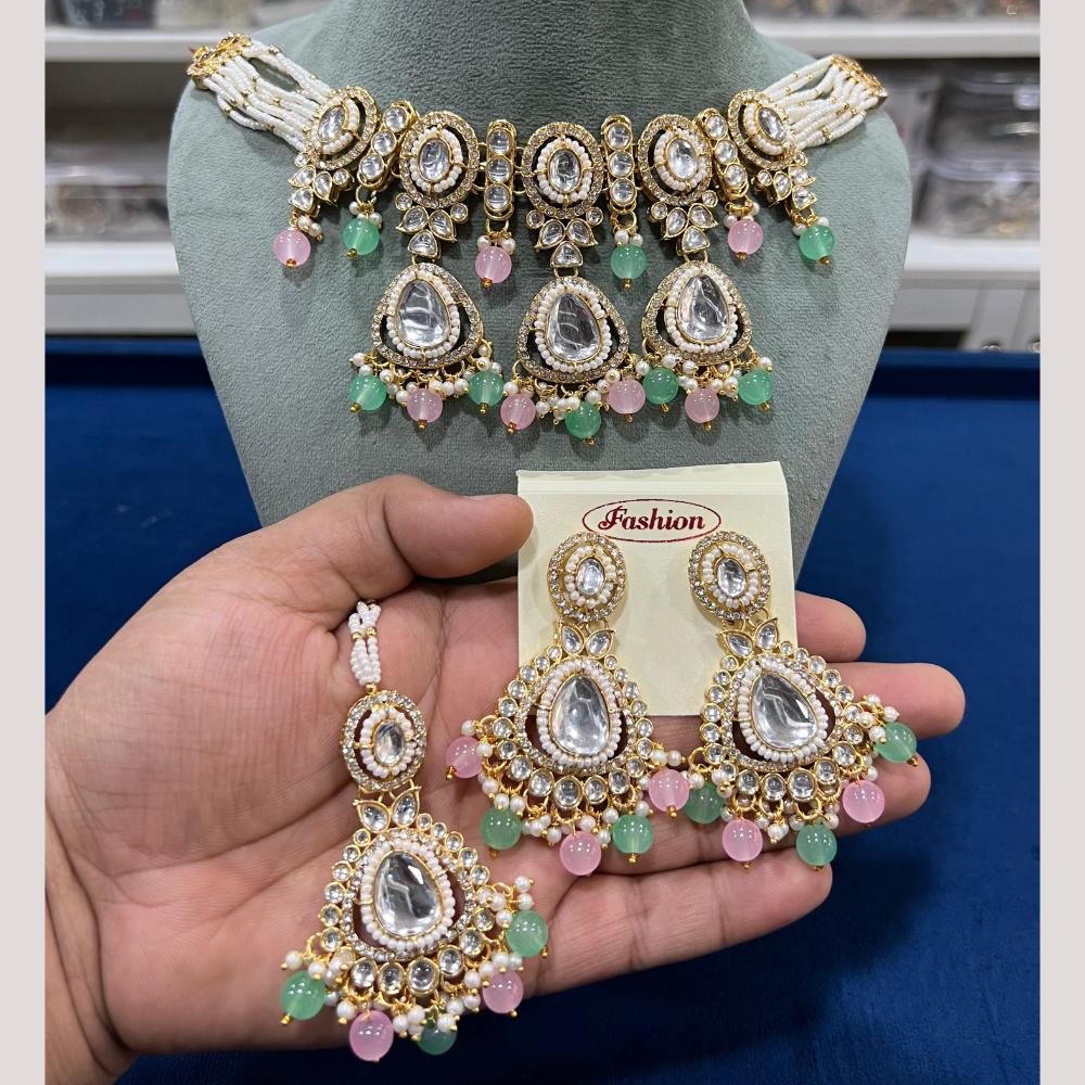 Hira Collections Gold Plated Kundan Stone And Pearls Beads Necklace Set
