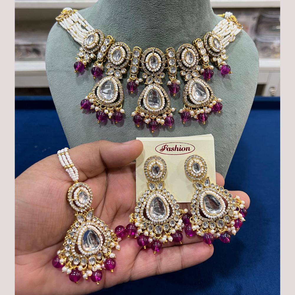 Hira Collections Gold Plated Kundan Stone And Pearls Beads Necklace Set