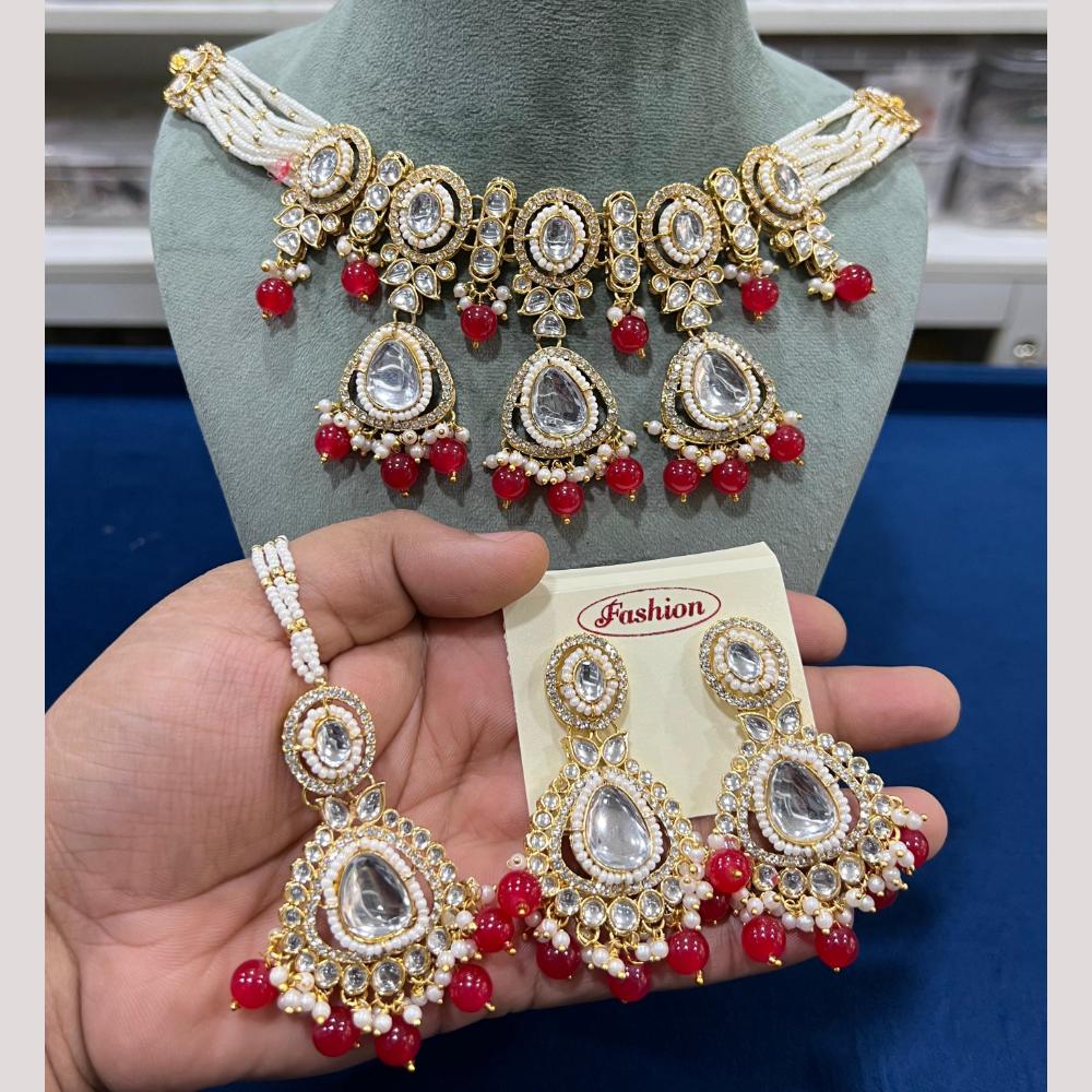 Hira Collections Gold Plated Kundan Stone And Pearls Beads Necklace Set