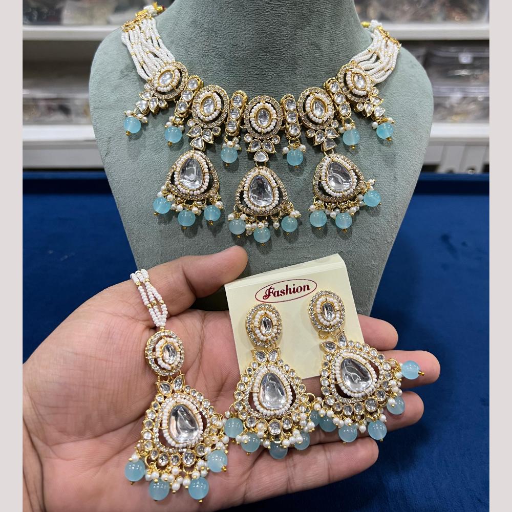 Hira Collections Gold Plated Kundan Stone And Pearls Beads Necklace Set