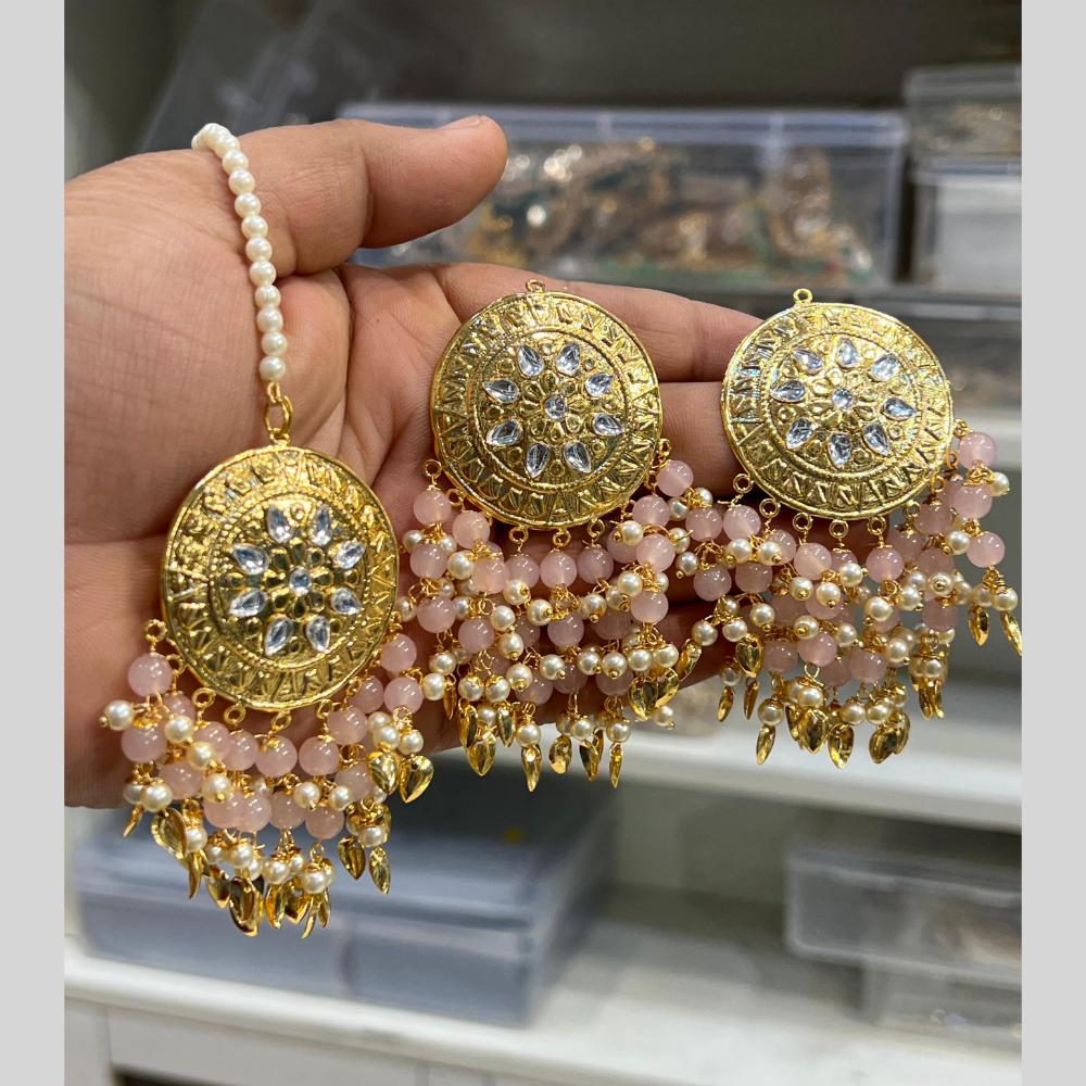 Hira Collection Gold Plated Kundan Stone Pearl And Beads Earring With Maangtikka
