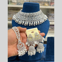 Hira Collections Silver Plated Crystal Stone And Pearls Beads Choker Necklace Set