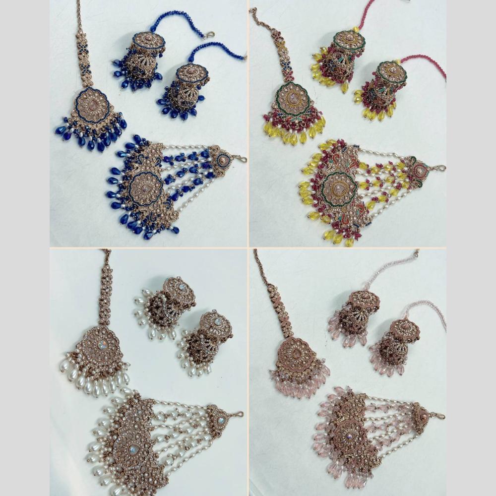 Hira Collections Gold Plated Crystal And Beads Dangler Earrings Maangtikka With Pasa