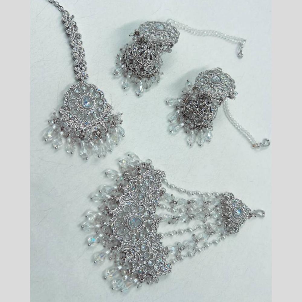 Hira Collections Silver Plated Crystal And Beads Dangler Earrings Maangtikka With Pasa