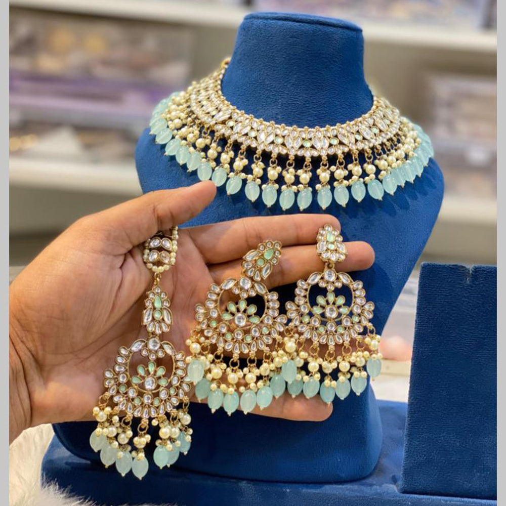 Hira Collections Gold Plated Kundan And Pearls Beads Necklace Set