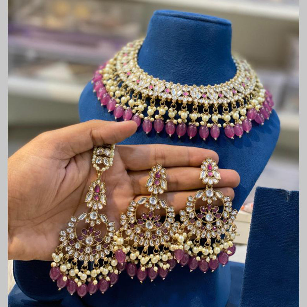 Hira Collections Gold Plated Kundan And Pearls Beads Necklace Set