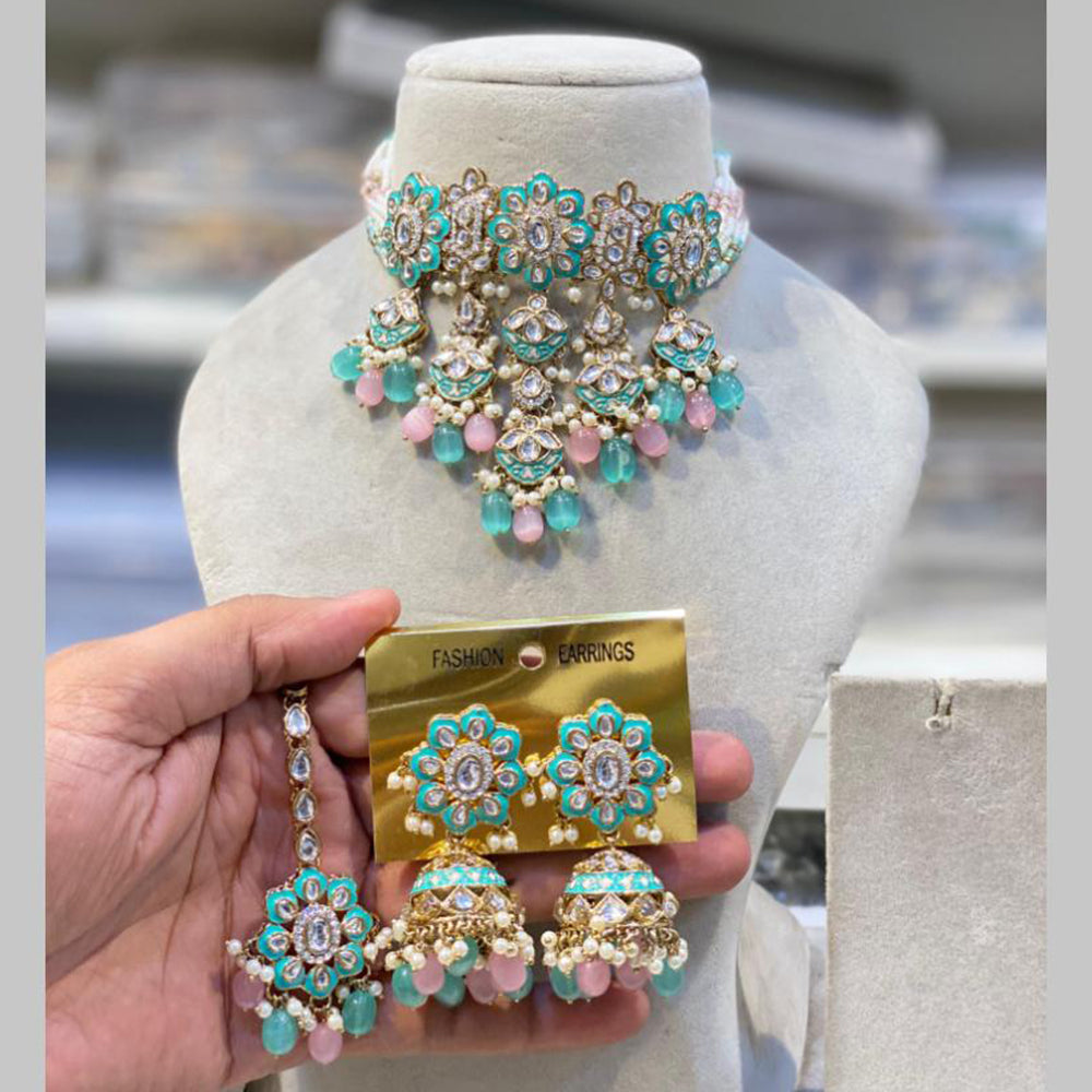 Hira Collections Gold Plated Kundan And Beads Meenakari Choker Necklace Set
