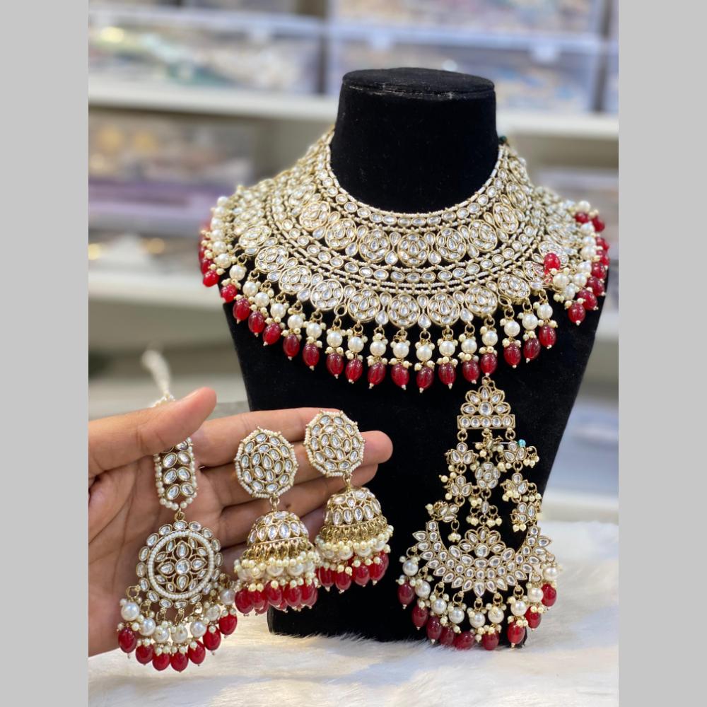 Hira Collections Gold Plated Kundan And Pearls Beads Necklace Set