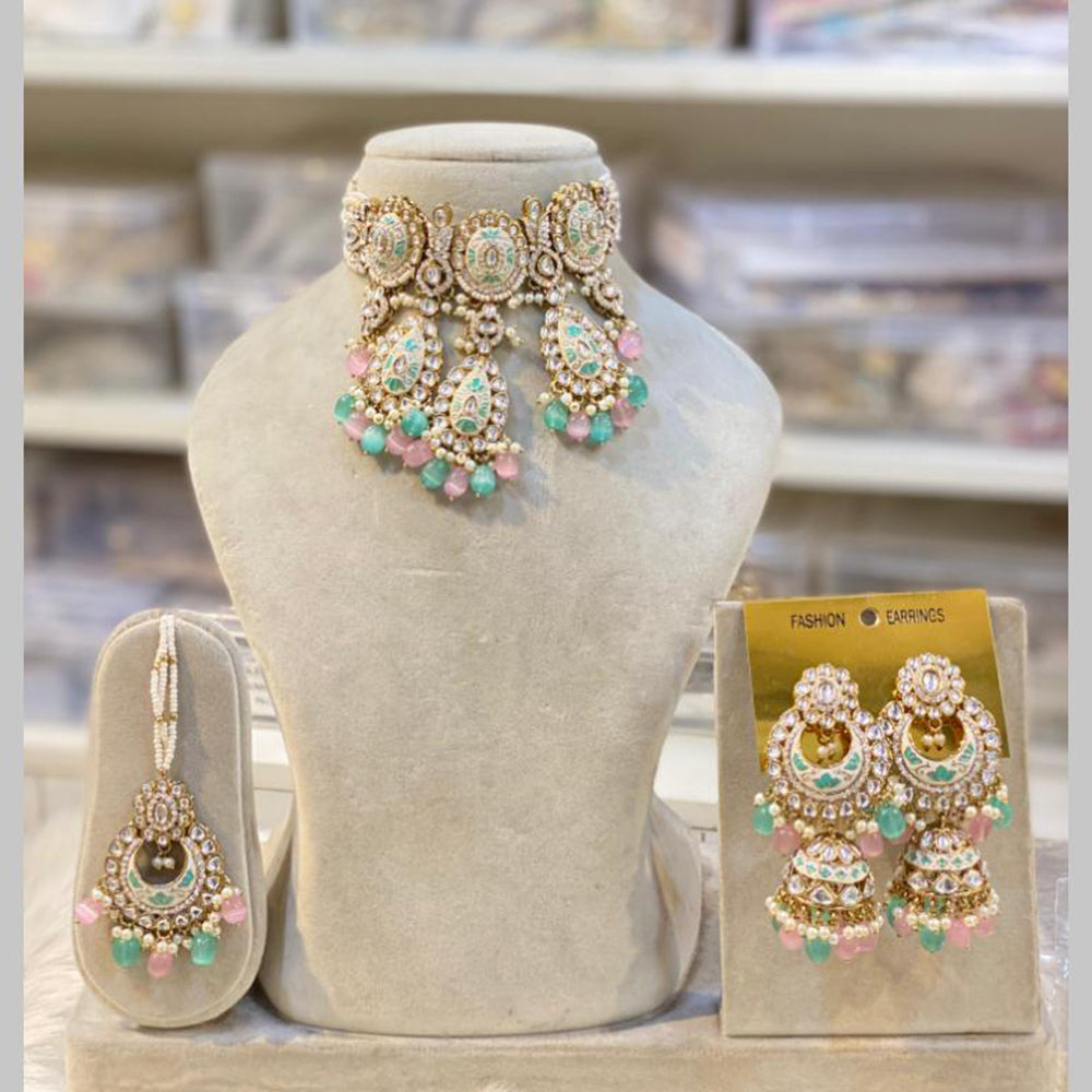 Hira Collections Gold Plated Kundan And Beads Meenakari Choker Necklace Set