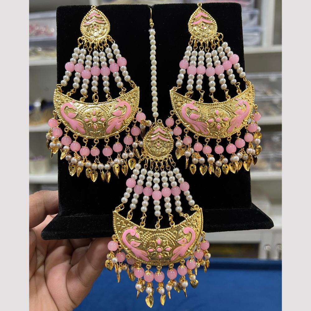 Hira Collections Gold Plated Meenakari And Beads Dangler Earrings With Maang tikka