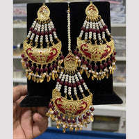 Hira Collections Gold Plated Meenakari And Beads Dangler Earrings With Maang tikka