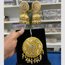 Hira Collections Gold Plated Mirror And Meenakari Beads Jhumki Earrings With Maang tikka