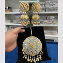 Hira Collections Gold Plated Mirror And Meenakari Beads Jhumki Earrings With Maang tikka