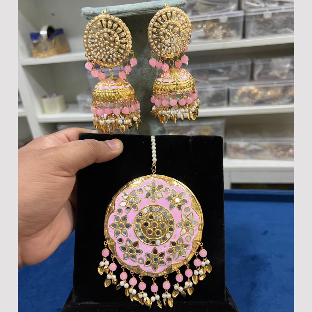 Hira Collections Gold Plated Mirror And Meenakari Beads Jhumki Earrings With Maang tikka