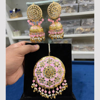 Hira Collections Gold Plated Mirror And Meenakari Beads Jhumki Earrings With Maang tikka