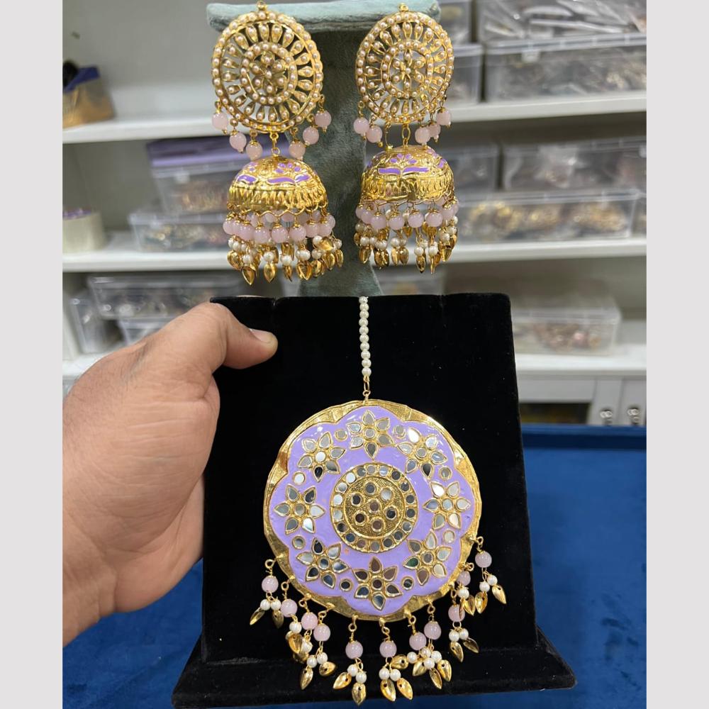 Hira Collections Gold Plated Mirror And Meenakari Beads Jhumki Earrings With Maang tikka