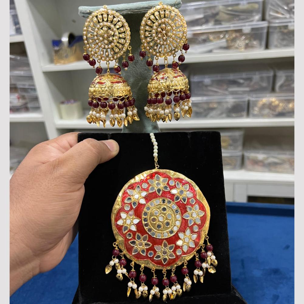 Hira Collections Gold Plated Mirror And Meenakari Beads Jhumki Earrings With Maang tikka