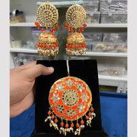 Hira Collections Gold Plated Mirror And Meenakari Beads Jhumki Earrings With Maang tikka