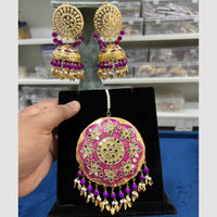 Hira Collections Gold Plated Mirror And Meenakari Beads Jhumki Earrings With Maang tikka