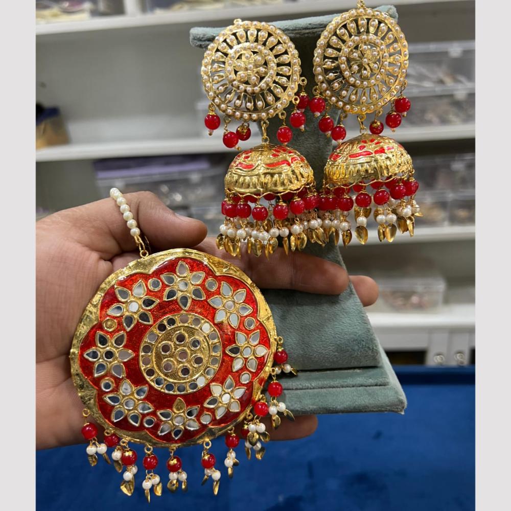 Hira Collections Gold Plated Mirror And Meenakari Beads Jhumki Earrings With Maang tikka