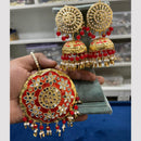 Hira Collections Gold Plated Mirror And Meenakari Beads Jhumki Earrings With Maang tikka