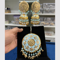 Hira Collections Gold Plated Mirror And Meenakari Beads Jhumki Earrings With Maang tikka