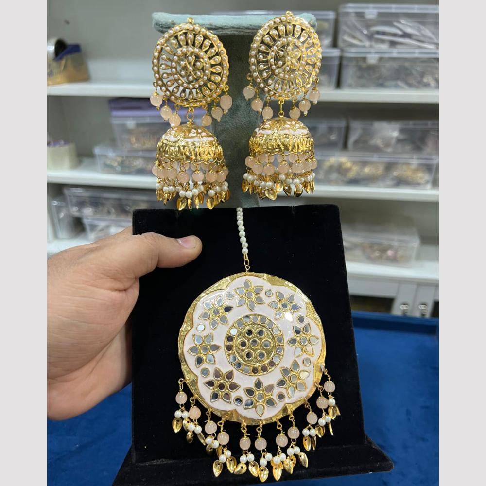 Hira Collections Gold Plated Mirror And Meenakari Beads Jhumki Earrings With Maang tikka