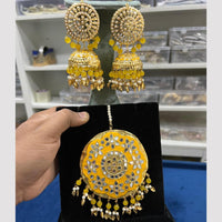 Hira Collections Gold Plated Mirror And Meenakari Beads Jhumki Earrings With Maang tikka