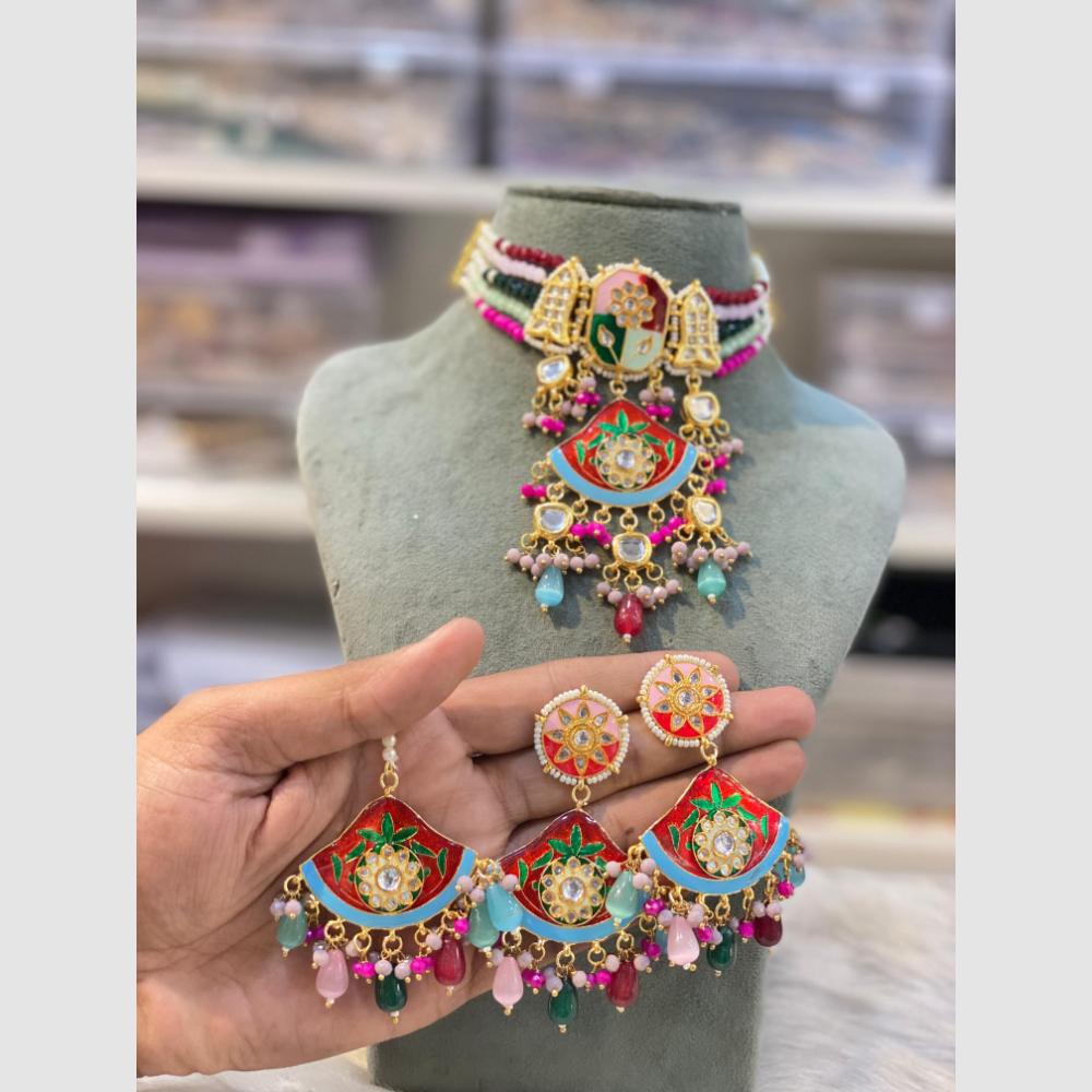 Hira Collections Kundan And Beads Meenakari Choker Necklace Set