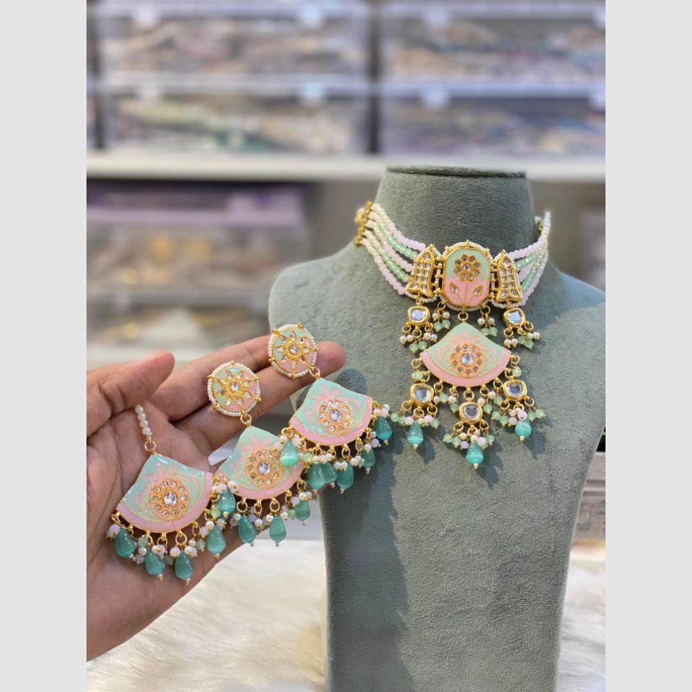 Hira Collections Kundan And Beads Meenakari Choker Necklace Set