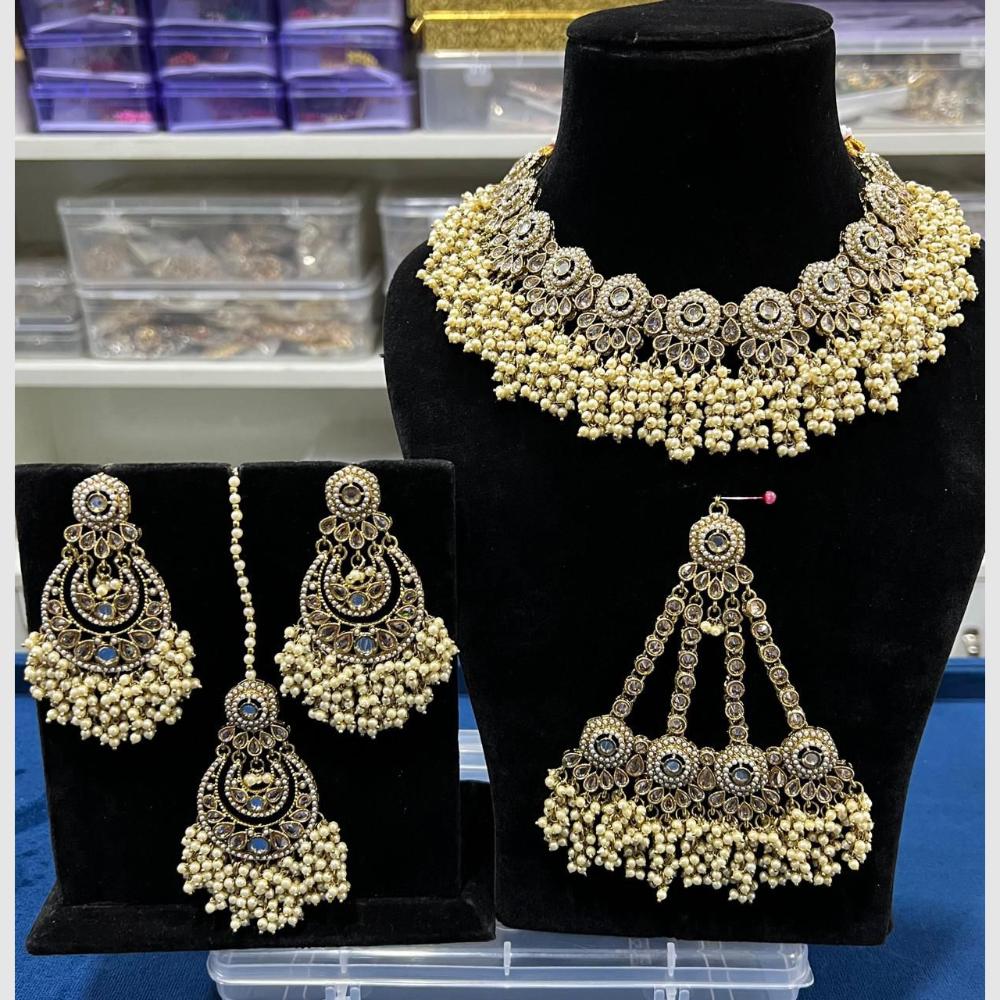 Hira Collections Crystal And Pearls Beads Choker Necklace Set