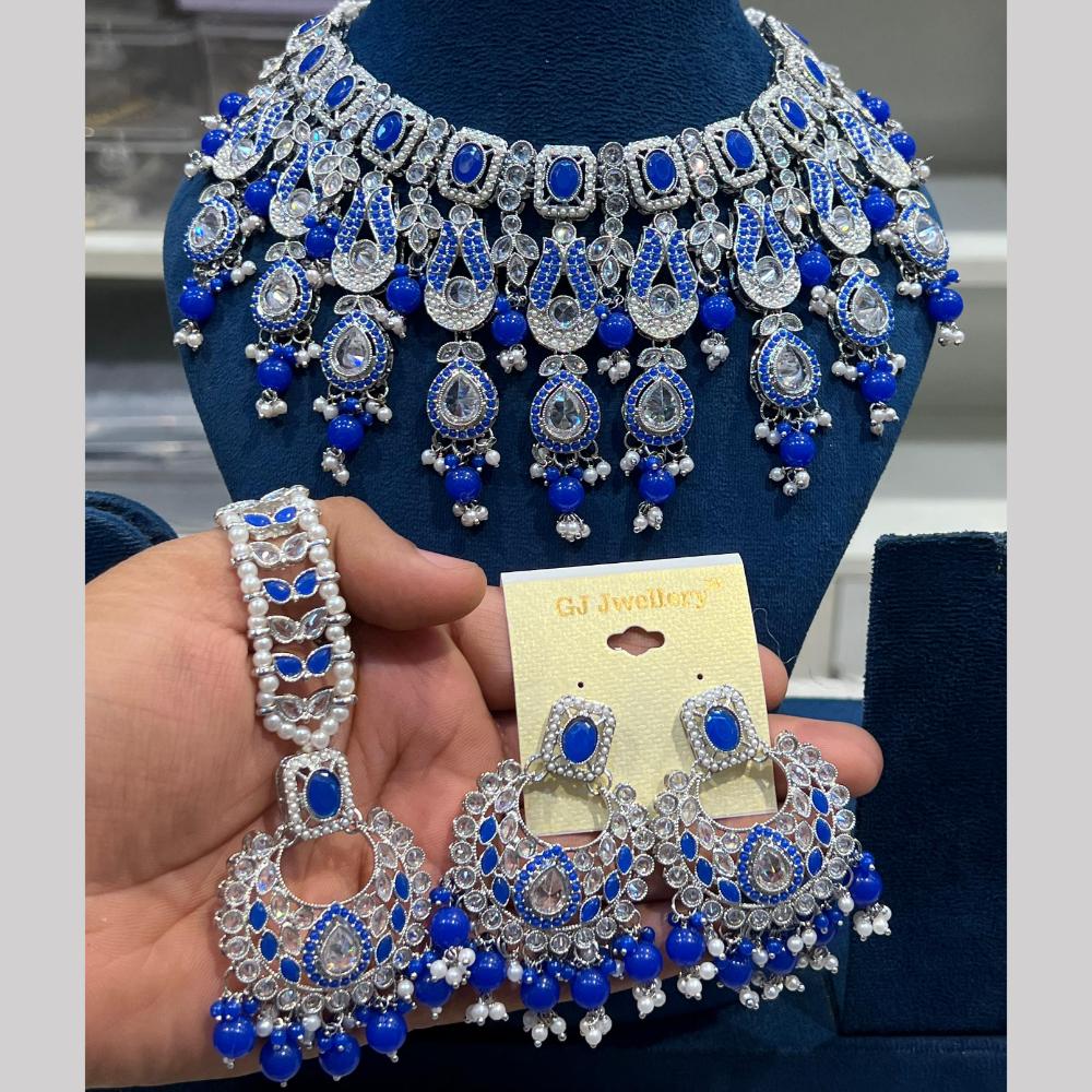 Hira Collections Rhodium Crystal And Pearls Beads Choker Necklace Set