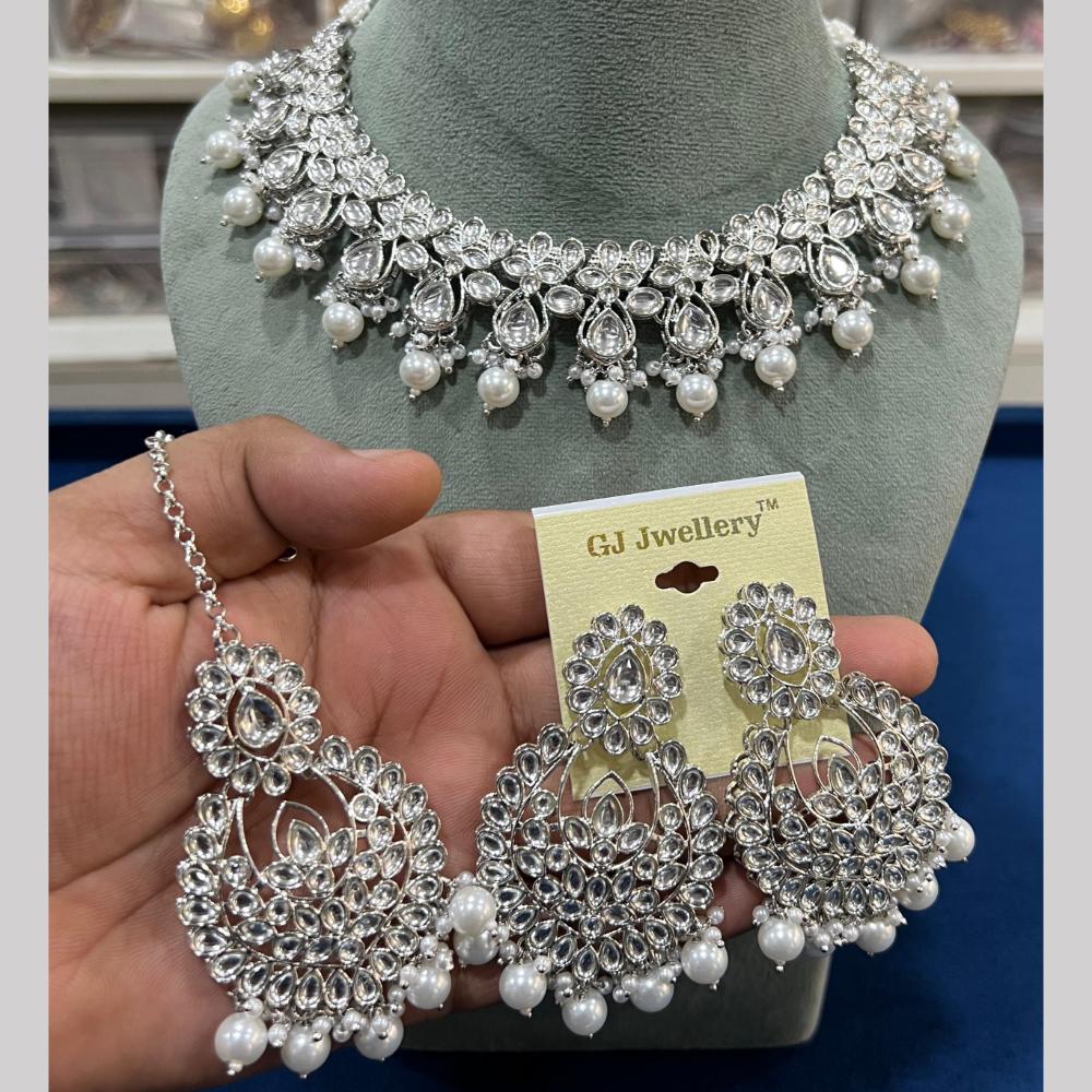 Hira Collections Rhodium Kundan And Pearls Beads Choker Necklace Set