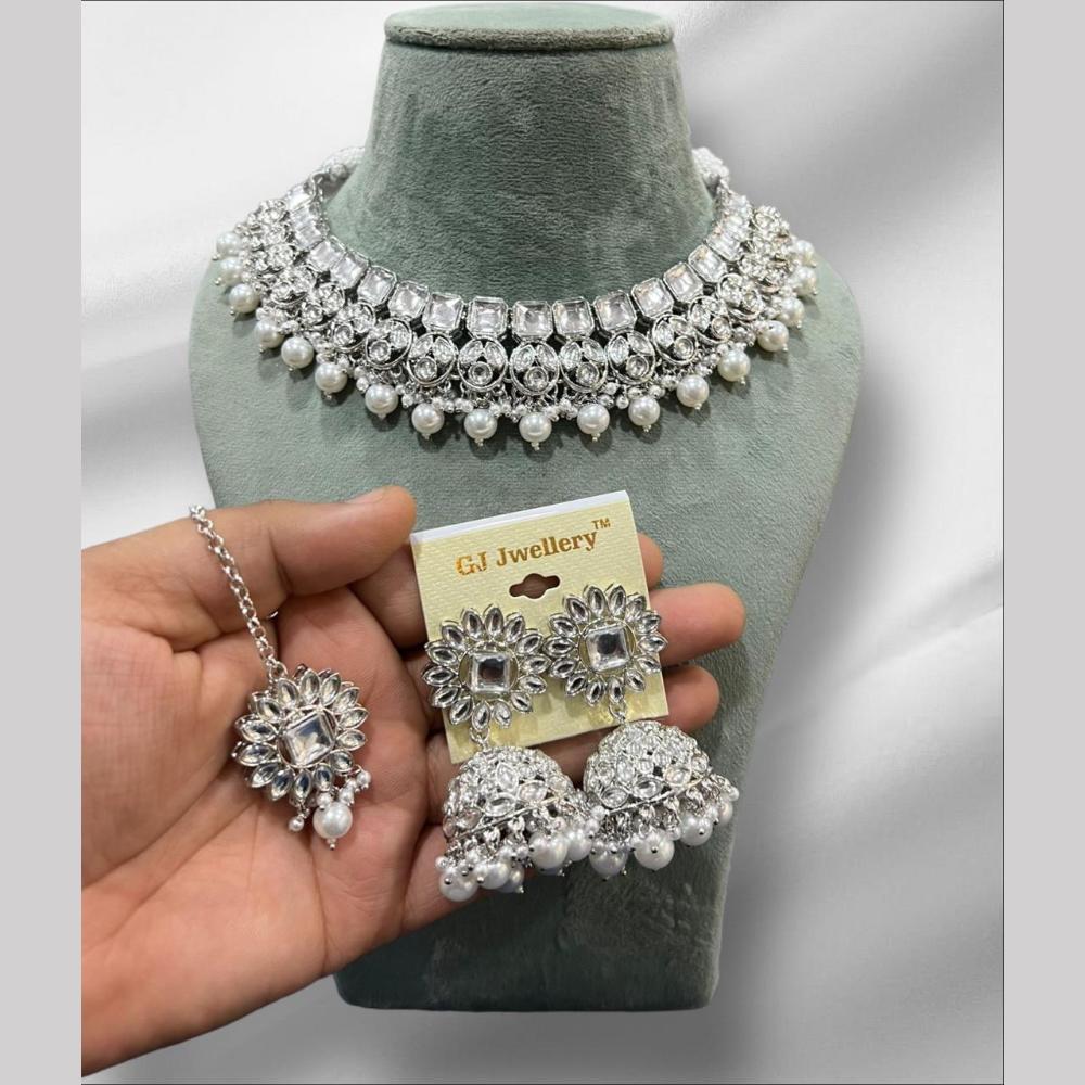 Hira Collections Rhodium Kundan And Pearls Beads Choker Necklace Set