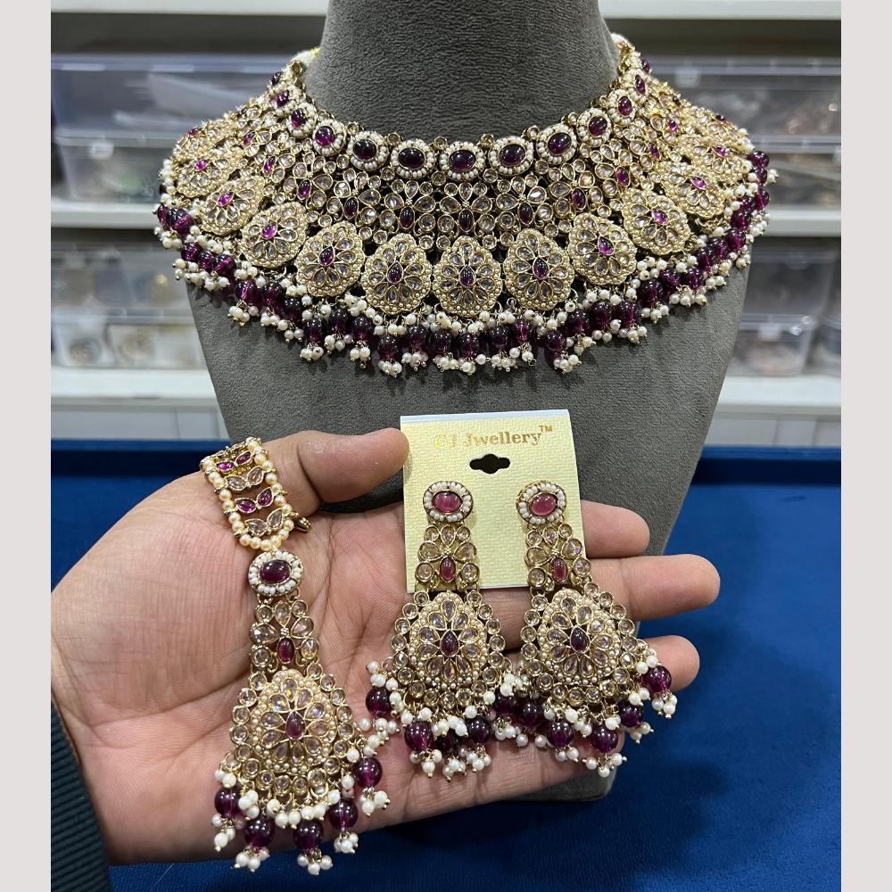 Hira Collections Elegant Crystal Stones And Pearls Choker Necklace Set