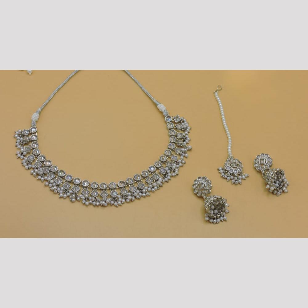 Hira Collections Stylish Rhodium Plated Crystal And Pearl Necklace Set